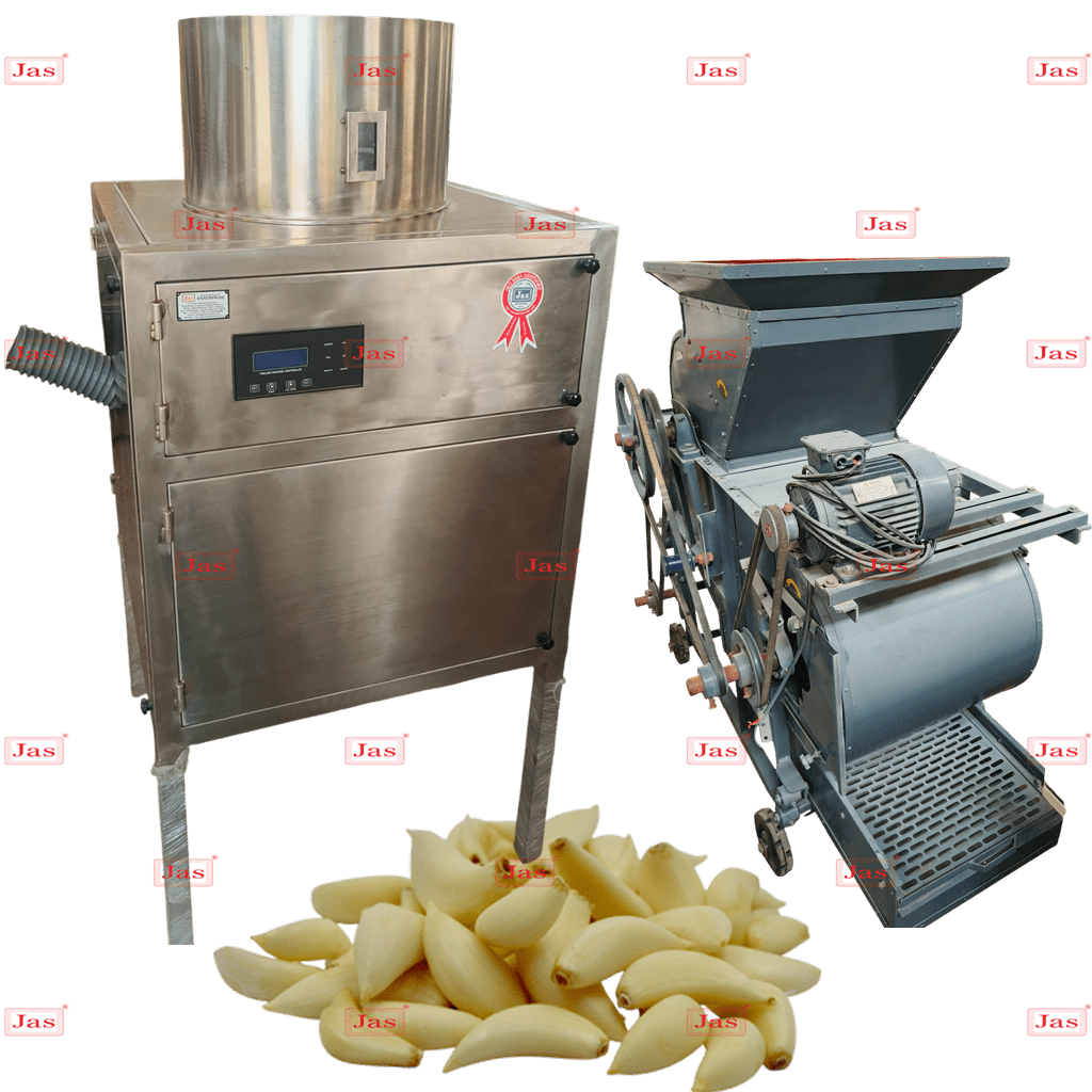Continuous Belt Blancher Machine 6 Industrial Garlic Bulb Breaker and Air-Pressure Garlic Peeling Machine with air compressor system for damage-free skin removal.