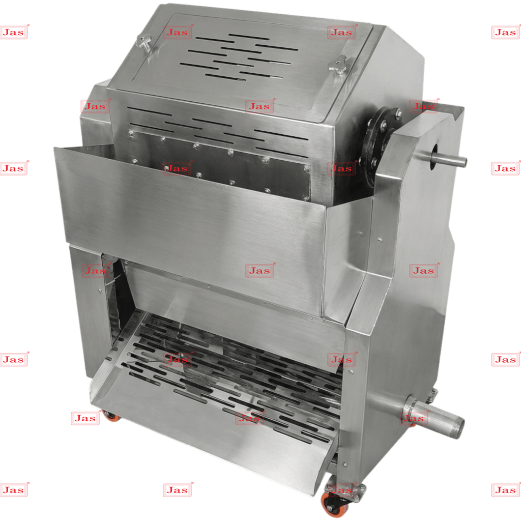 rotary drum washer 2 Stainless steel rotary drum vegetable washer with grated trays and mobility wheels, photographed in a factory setting