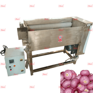 Commercial onion skin peeling machine with stainless steel build for automatic wet peeling in food processing plants.