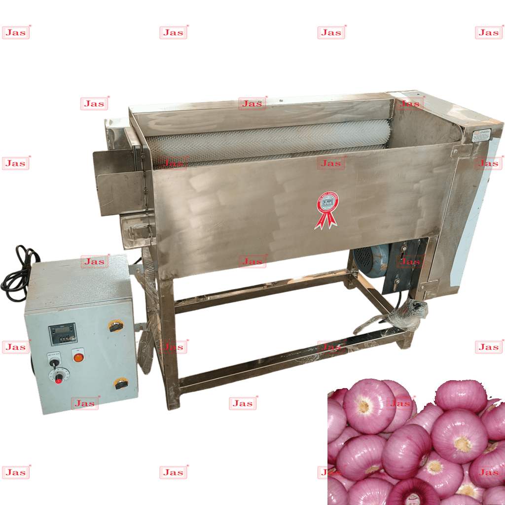 Continuous Belt Blancher Machine 7 Commercial onion skin peeling machine with stainless steel build for automatic wet peeling in food processing plants.