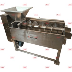Continuous industrial peeling machine with screw feeder and stainless steel body for large-scale food processing by Jas Enterprise.