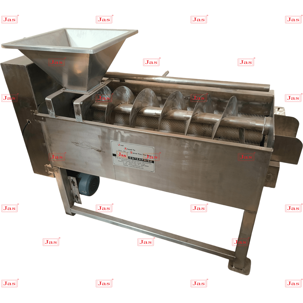 Continuous Belt Blancher Machine 5 Continuous industrial peeling machine with screw feeder and stainless steel body for large-scale food processing by Jas Enterprise.