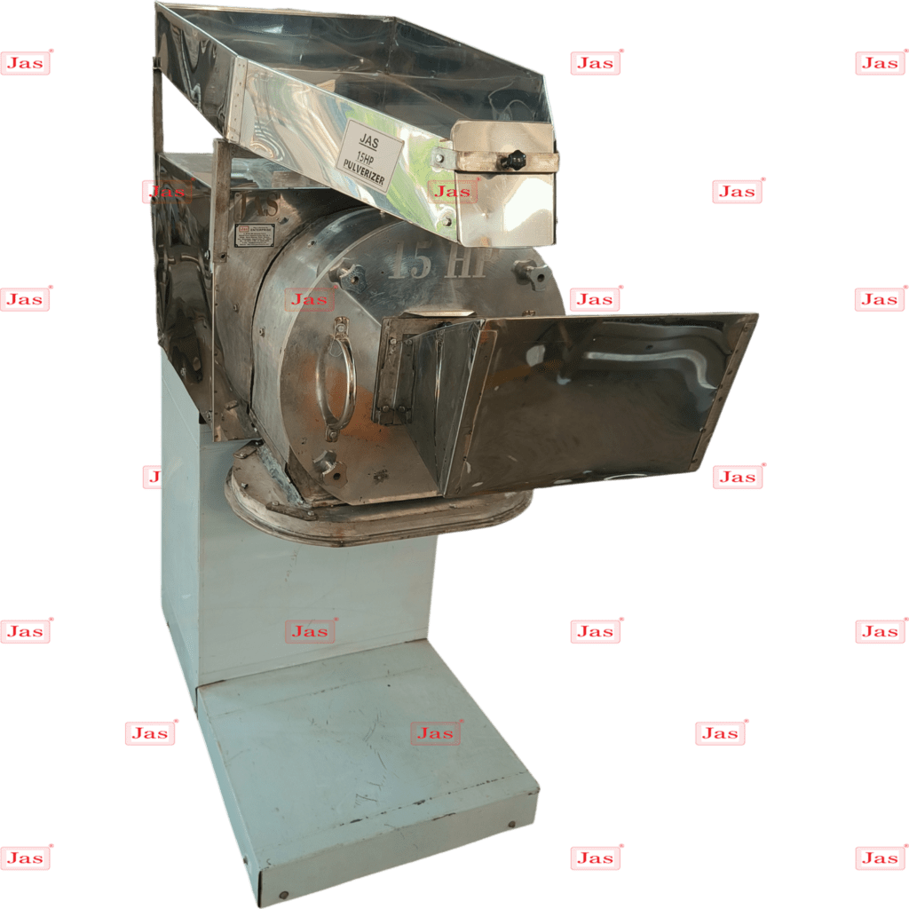 Pulverizer machine 5 Stainless steel 15 HP food pulverizer machine by Jas Enterprise with hopper, grinding chamber, and outlet chute for dehydrated food processing.