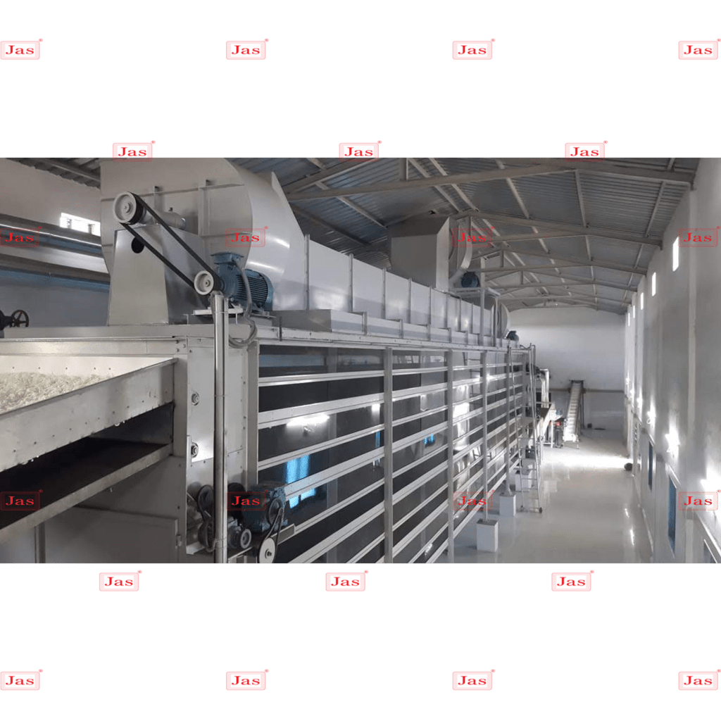 Full-profile view of an industrial continuous belt dehydration machine with inlet conveyor and ventilation system