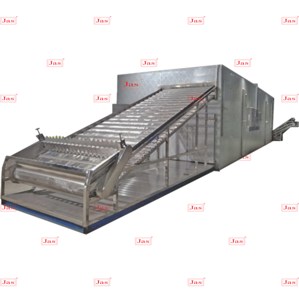 Industrial stainless steel continuous conveyorised dryer with inclined feeding belt for food dehydration processing.