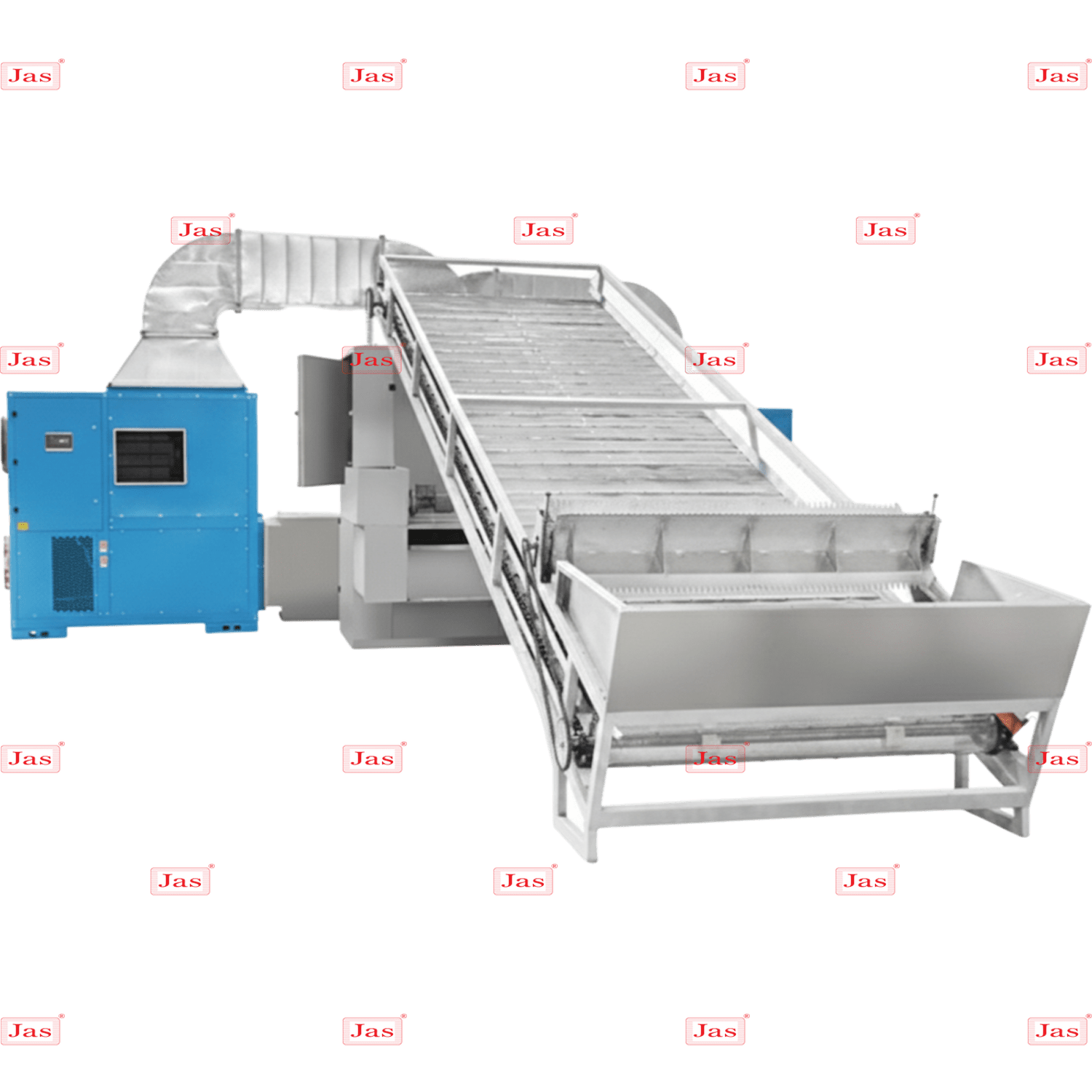 Industrial continuous dehydrator with an integrated blue heat pump unit and stainless steel inclined conveyor belt for energy-efficient drying.