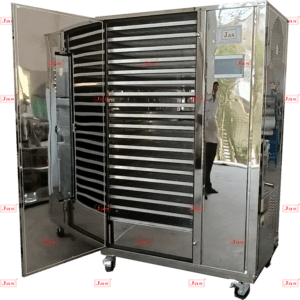 Industrial stainless steel food dehydrator machine with open door showing internal trays and digital PLC-operated control panel.