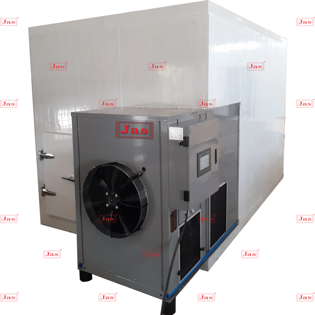 Heat Pump Batch Type Food Dehydration Machine 5 Large industrial walk-in dehydration chamber with a Jas brand external heat pump and ventilation unit.