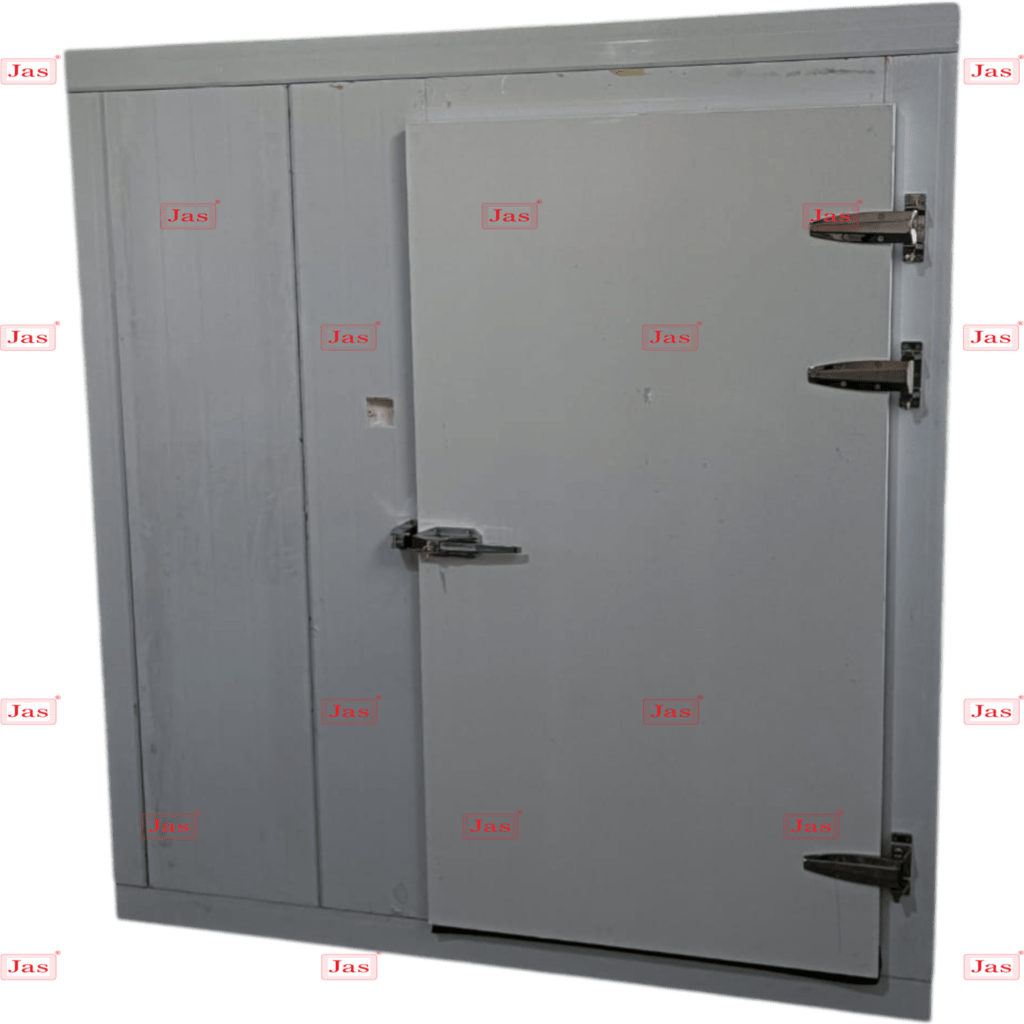 Heat Pump Batch Type Food Dehydration Machine 4 Industrial walk-in food dehydration chamber featuring an external Jas heat pump unit with a large fan and digital controller.