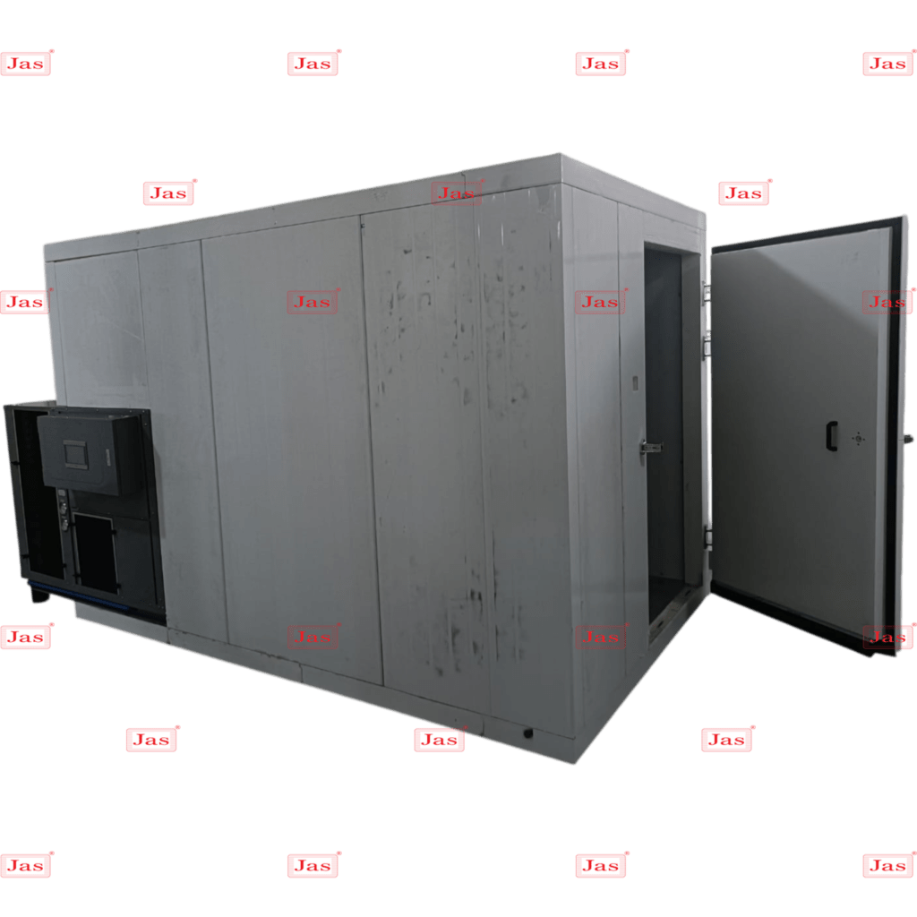 Heat Pump Batch Type Food Dehydration Machine 3 External Jas heat pump and ventilation unit for an industrial food dehydration room with digital control panel.