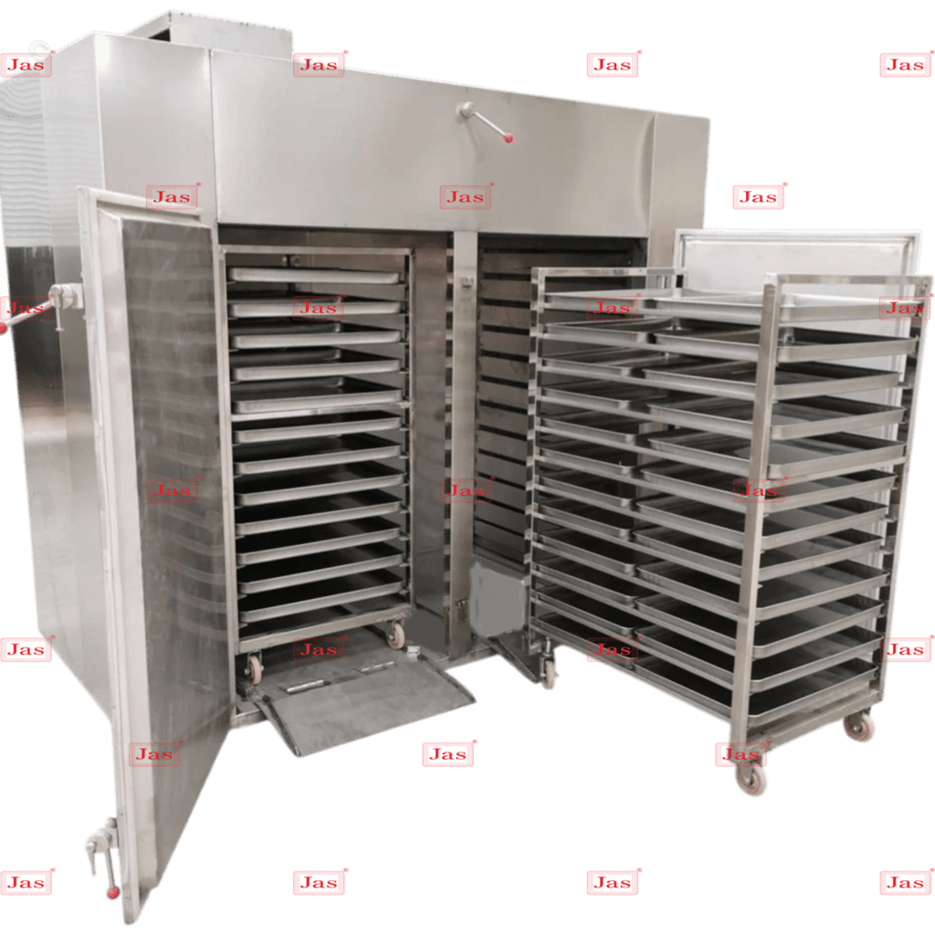 Industrial stainless steel tray dryer with a matching movable rack trolley and multiple drying shelves.