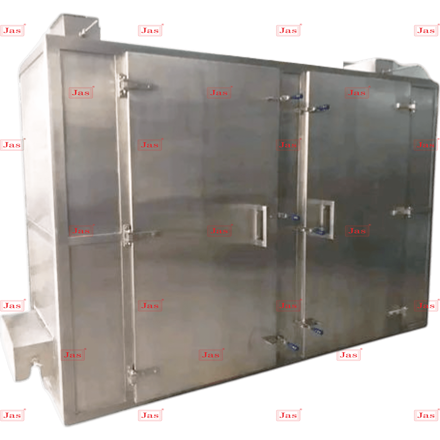 External view of a heavy-duty industrial stainless steel tray dryer with dual reinforced doors and secure locking latches.
