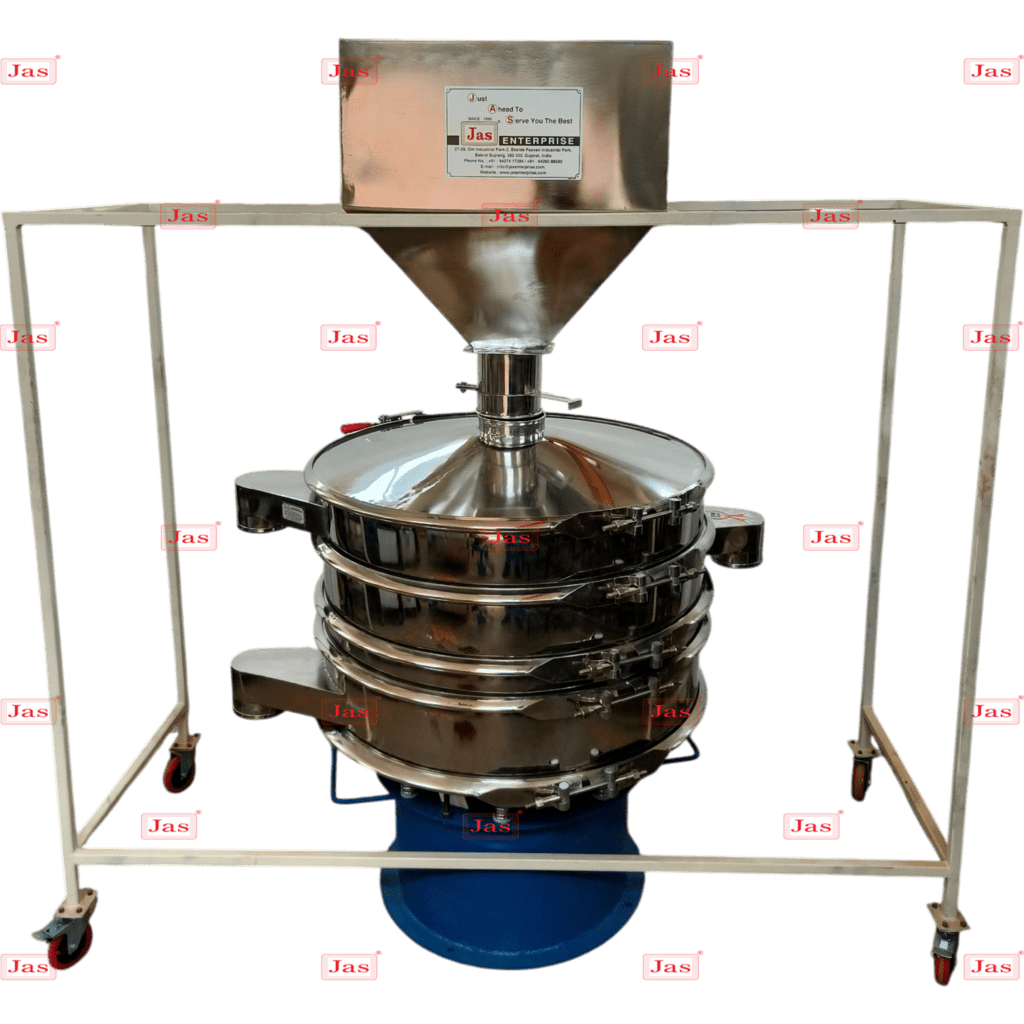 Triple-deck circular vibro sifter machine in stainless steel with a blue vibrating motor base and protective dust cover.