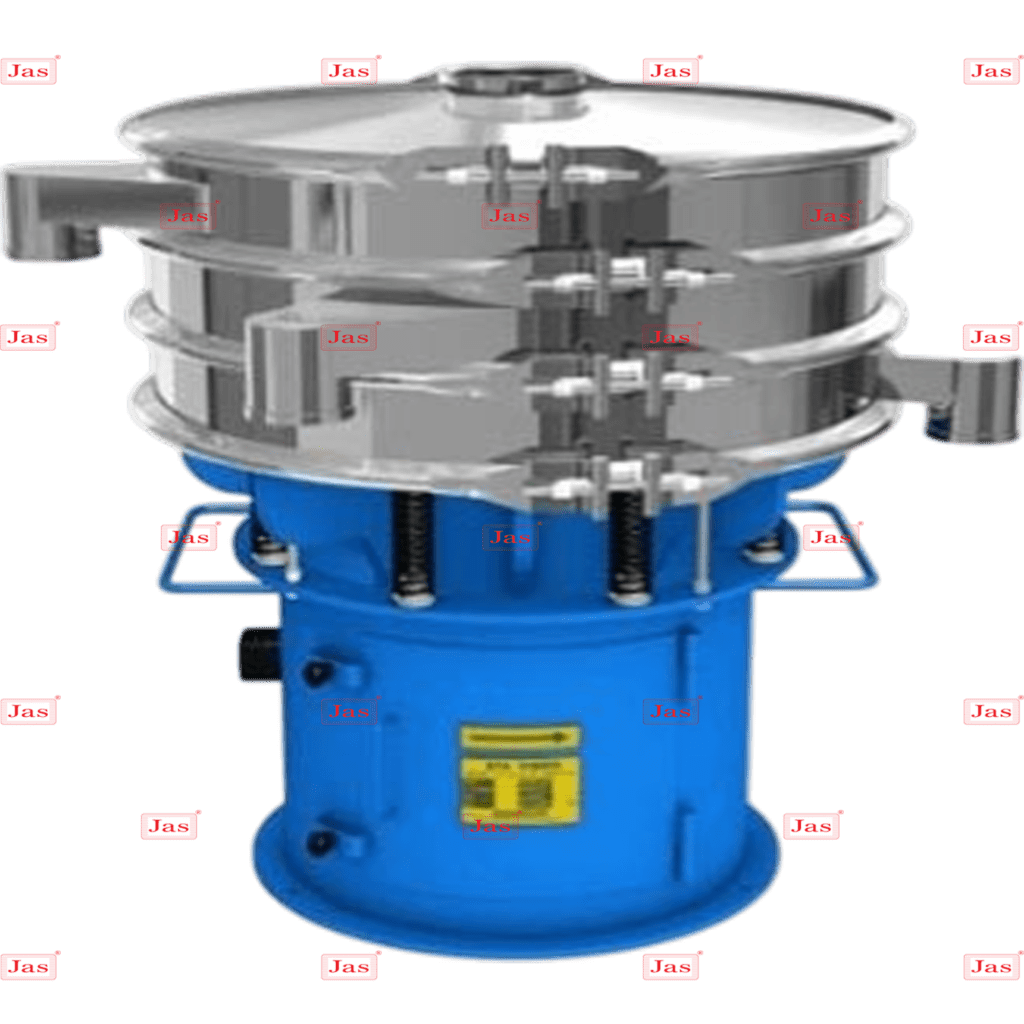 Multi-deck stainless steel vibro sifter machine with blue base and top dust cover for powder screening and grading.