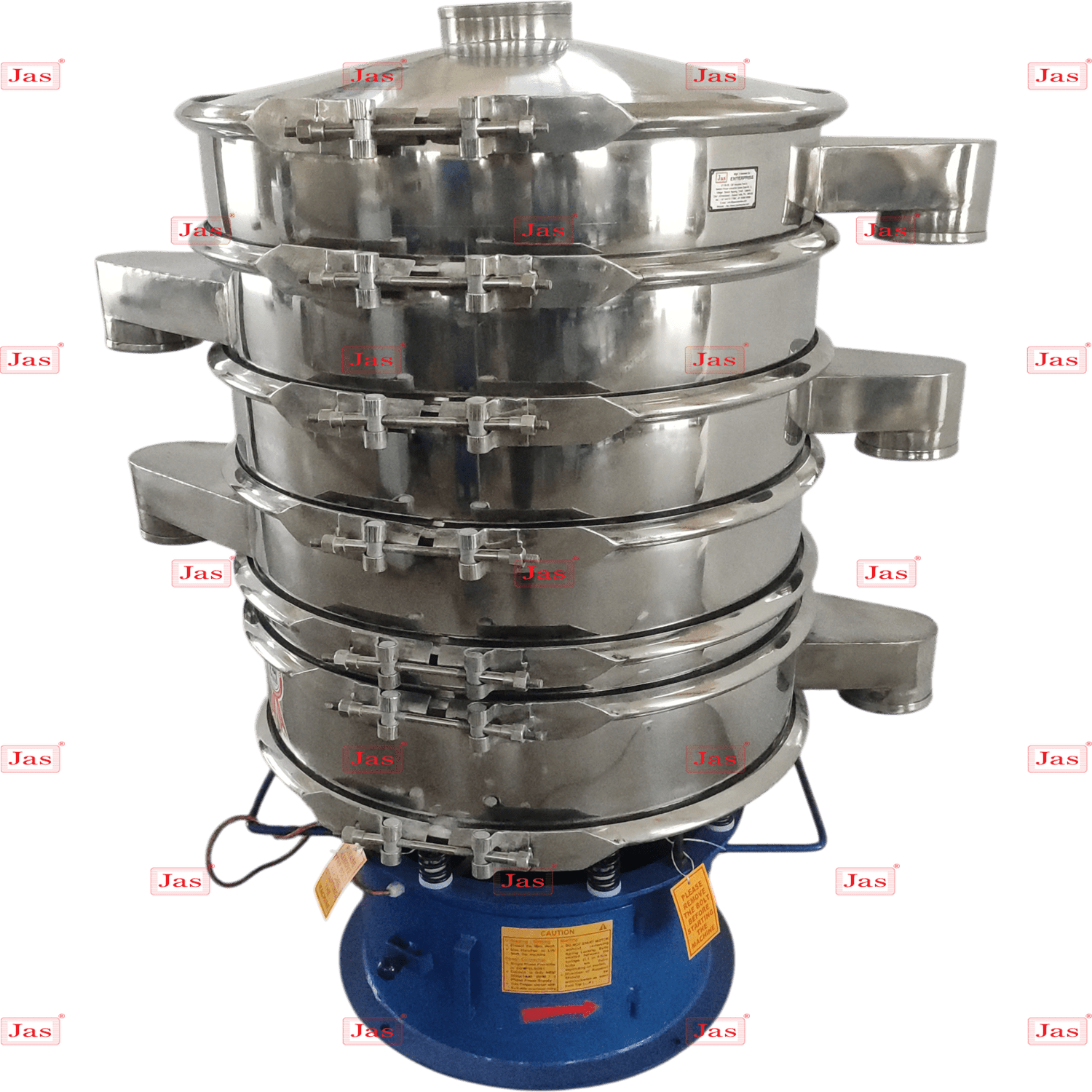 Multi-layer stainless steel vibro sifter machine with five screening decks and multiple discharge outlets for high-volume powder sifting.