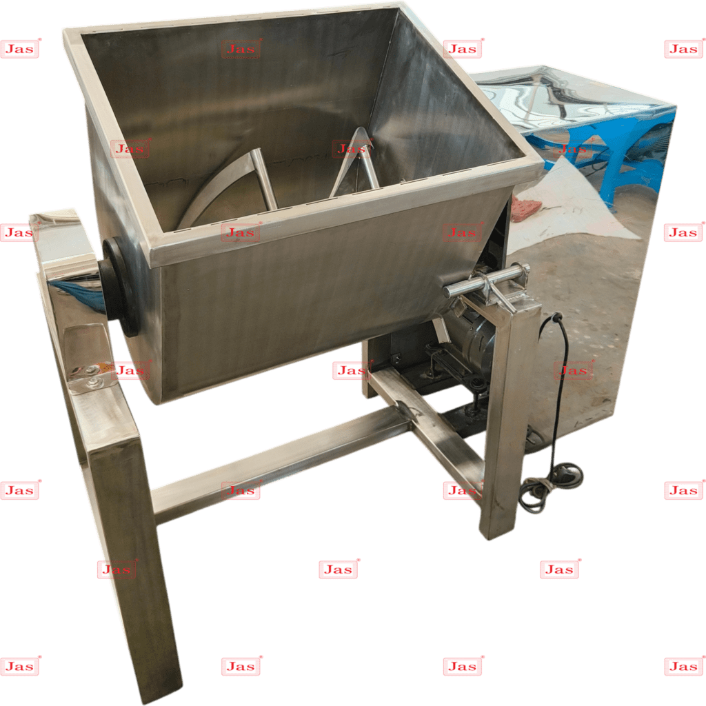 Industrial tilting stainless steel ribbon blender machine with U-shaped mixing trough and internal helical agitator for powder mixing.