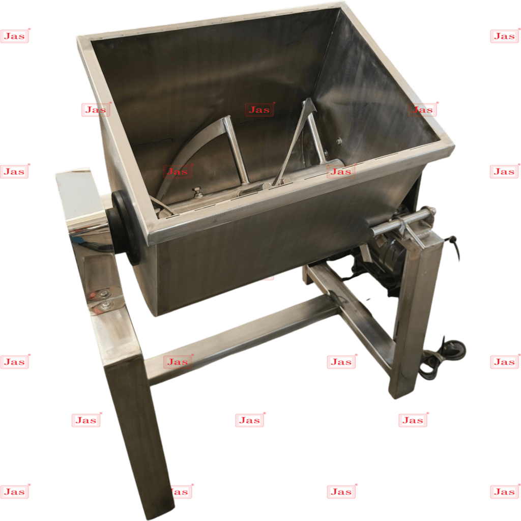 Stainless steel tilting type ribbon blender with internal mixing paddles on a heavy-duty stand.