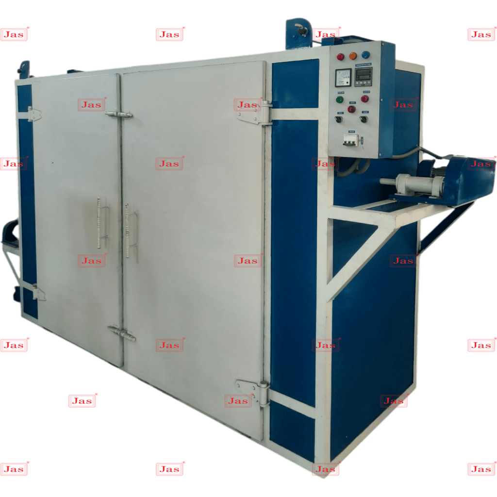 External view of a dual-compartment industrial stainless steel tray dryer with heavy-duty hinges and secure manual locking latches.