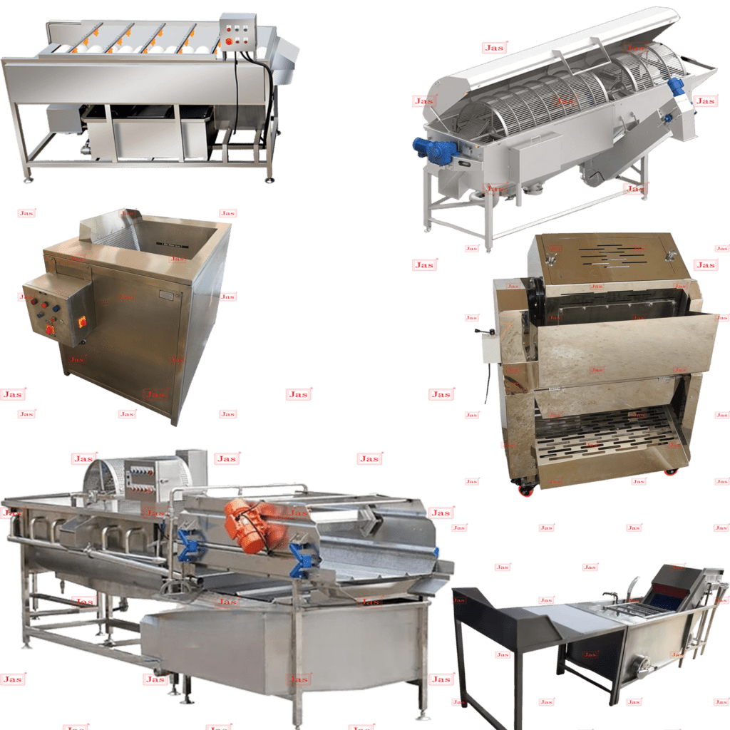A collage showing various industrial stainless steel washing and cleaning machines for fruits and vegetables, including rotary drum washers, bubble cleaners, and conveyor-based systems by Jas.
